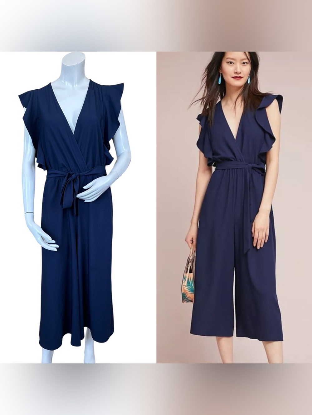 Anthropologie Hutch Marley Navy Blue Flutter Sleeve Crop Wide Leg Jumpsuit Small